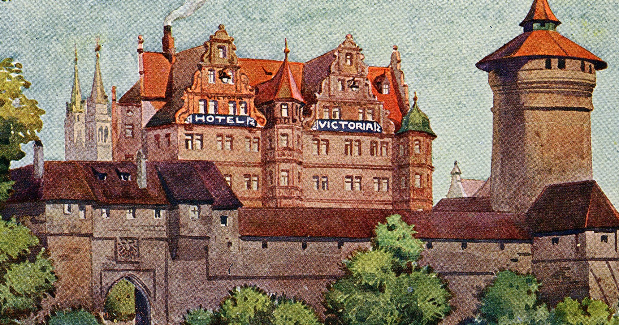 Detail of a historical postcard motif of the Hotel VICTORIA